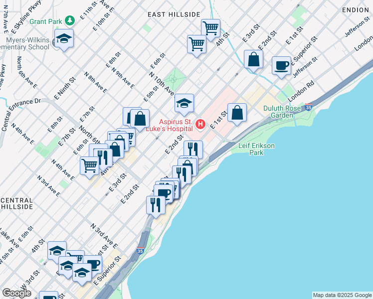 map of restaurants, bars, coffee shops, grocery stores, and more near 801 East 1st Street in Duluth