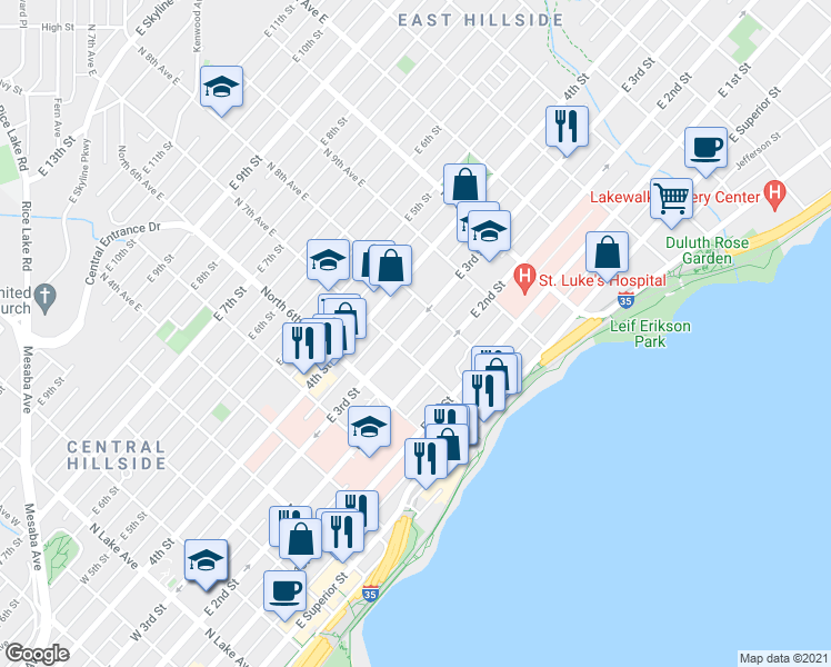 map of restaurants, bars, coffee shops, grocery stores, and more near 714 East 3rd Street in Duluth