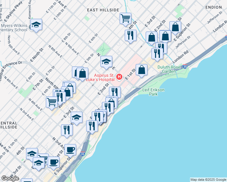 map of restaurants, bars, coffee shops, grocery stores, and more near 831 East Superior Street in Duluth