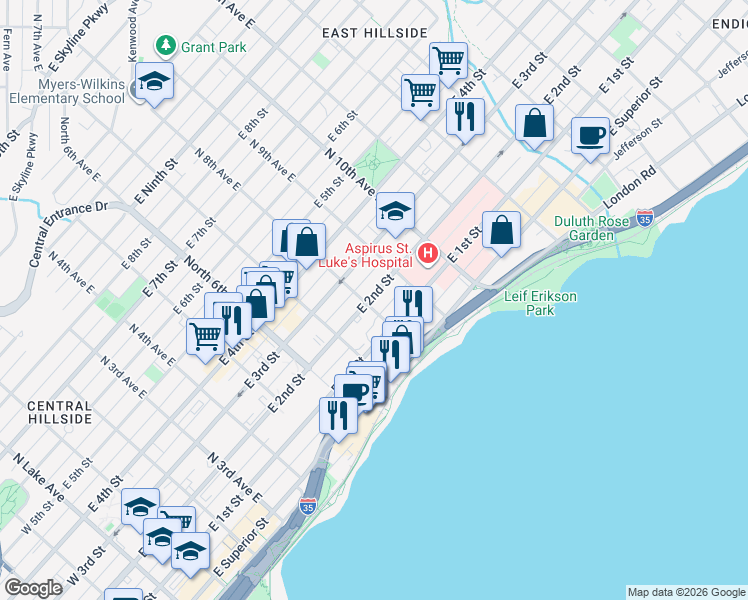 map of restaurants, bars, coffee shops, grocery stores, and more near 801 East 1st Street in Duluth