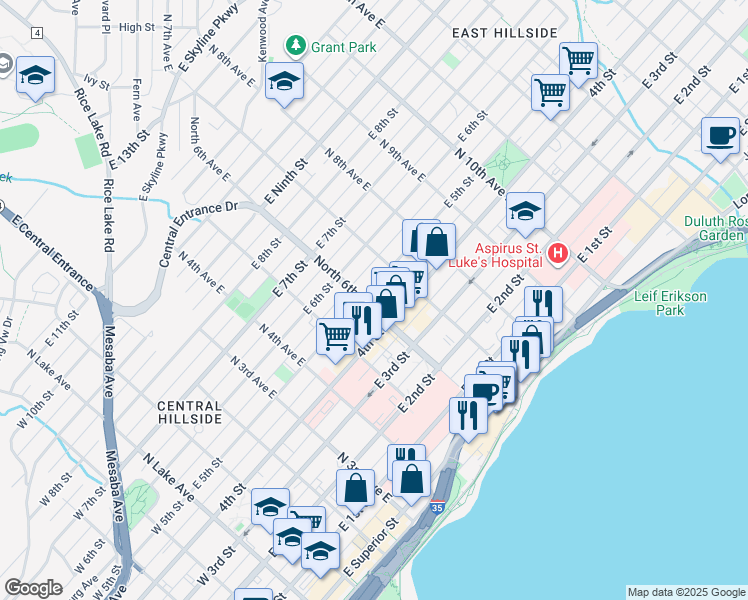 map of restaurants, bars, coffee shops, grocery stores, and more near 421 East 6th Street in Duluth
