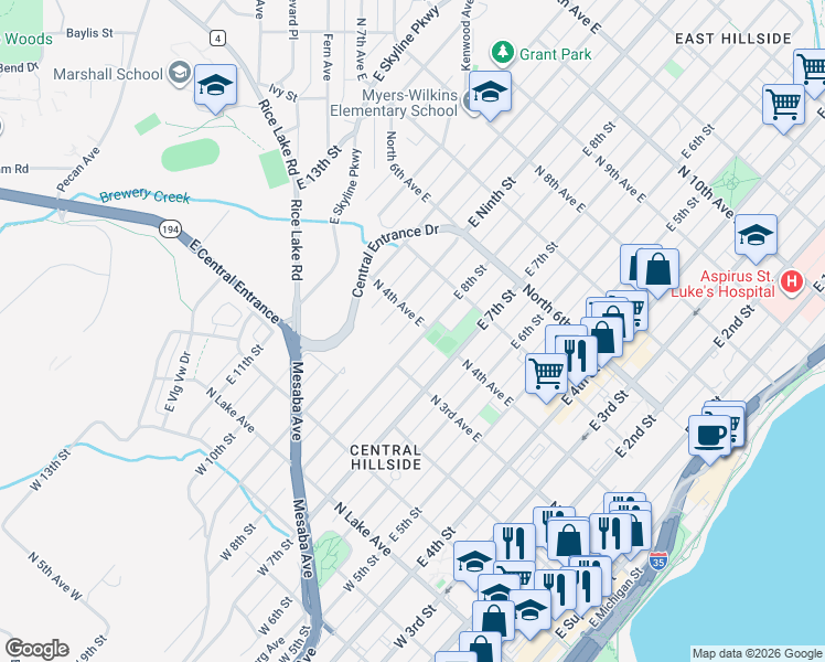 map of restaurants, bars, coffee shops, grocery stores, and more near 305 East 8th Street in Duluth