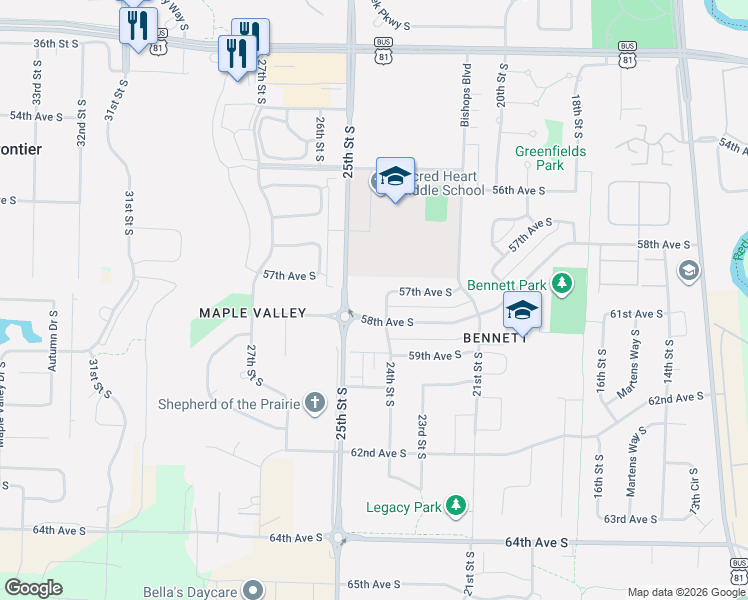 map of restaurants, bars, coffee shops, grocery stores, and more near 2385-2461 58th Ave S in Fargo