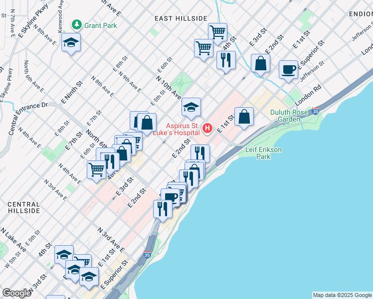 map of restaurants, bars, coffee shops, grocery stores, and more near 814 East 2nd Street in Duluth