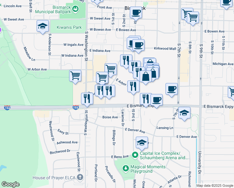 map of restaurants, bars, coffee shops, grocery stores, and more near 200 East Bismarck Expressway in Bismarck