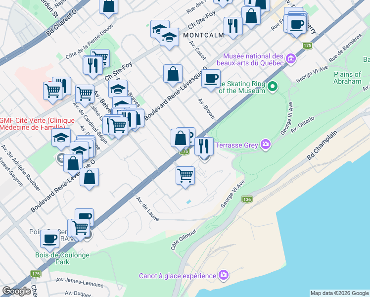 map of restaurants, bars, coffee shops, grocery stores, and more near Grande Allée Ouest in Québec