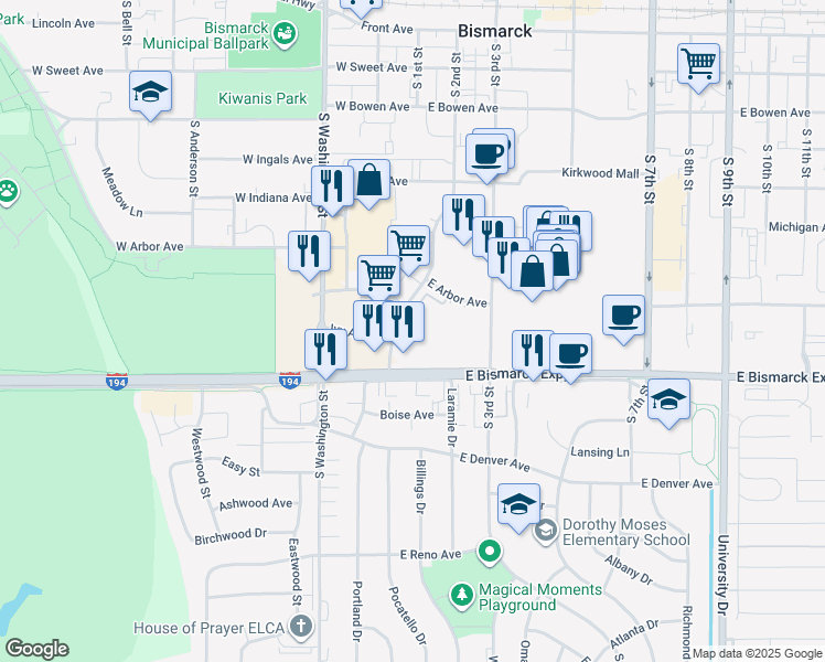 map of restaurants, bars, coffee shops, grocery stores, and more near 100 East Bismarck Expressway in Bismarck