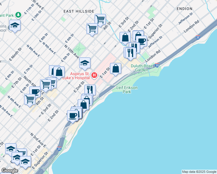 map of restaurants, bars, coffee shops, grocery stores, and more near 928 East Superior Street in Duluth