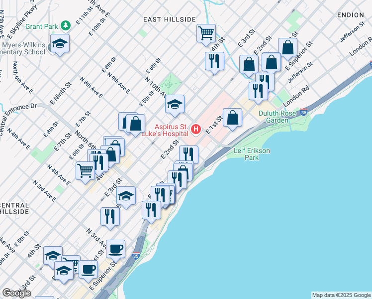 map of restaurants, bars, coffee shops, grocery stores, and more near 109 North 9th Avenue East in Duluth