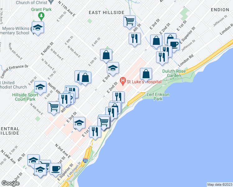 map of restaurants, bars, coffee shops, grocery stores, and more near 831 East Superior Street in Duluth