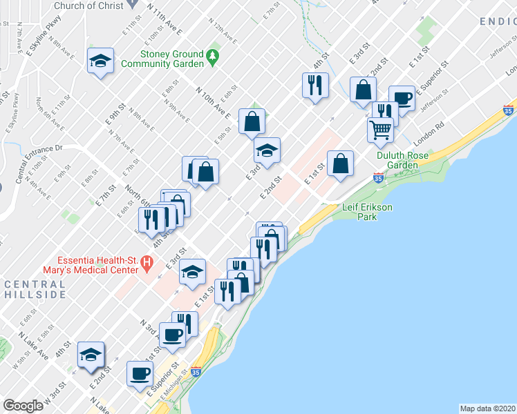 map of restaurants, bars, coffee shops, grocery stores, and more near 801 East 1st Street in Duluth