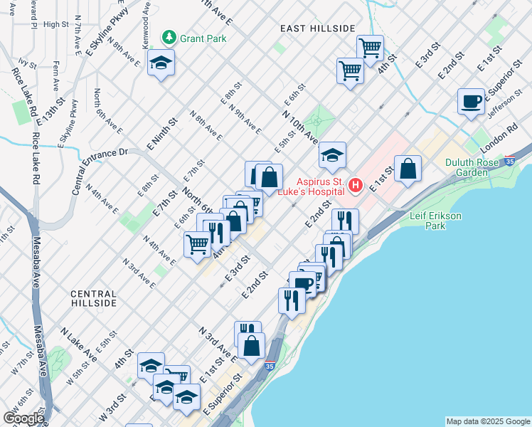 map of restaurants, bars, coffee shops, grocery stores, and more near 320 North 7th Avenue East in Duluth