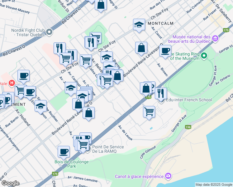 map of restaurants, bars, coffee shops, grocery stores, and more near in Québec City