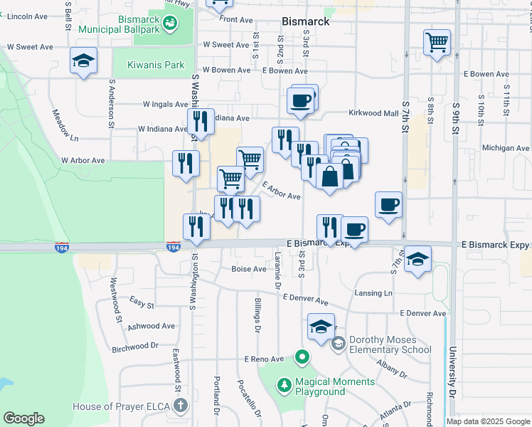 map of restaurants, bars, coffee shops, grocery stores, and more near 200 East Bismarck Expressway in Bismarck