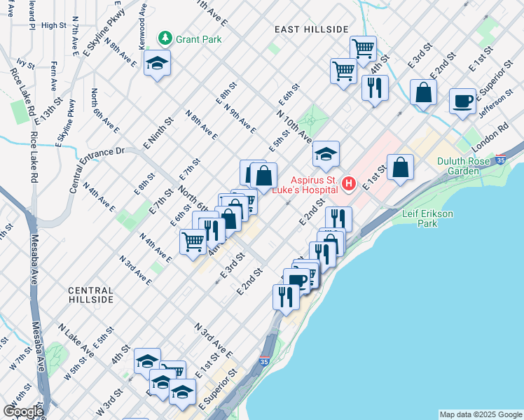map of restaurants, bars, coffee shops, grocery stores, and more near 318 North 7th Avenue East in Duluth