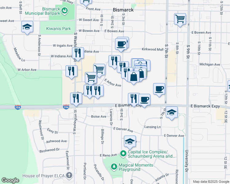 map of restaurants, bars, coffee shops, grocery stores, and more near 207 East Arbor Avenue in Bismarck