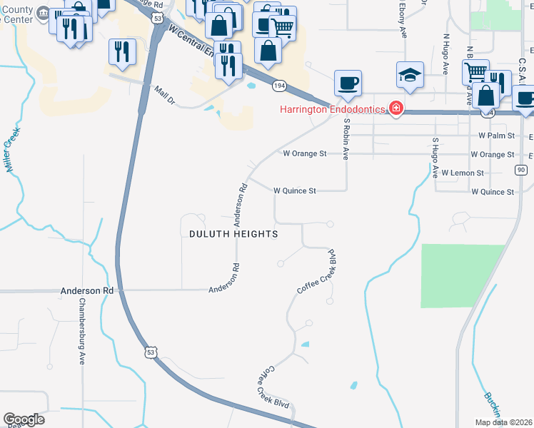 map of restaurants, bars, coffee shops, grocery stores, and more near 610 West Quince Street in Duluth
