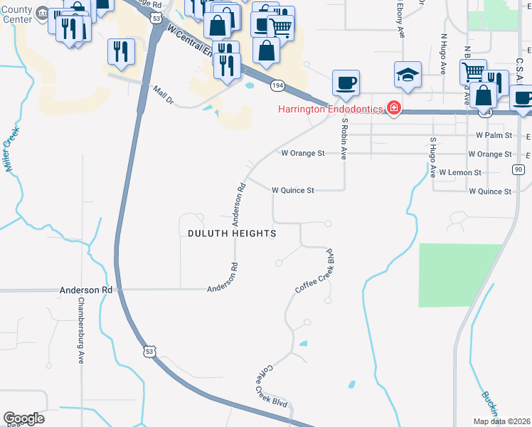 map of restaurants, bars, coffee shops, grocery stores, and more near 610 West Quince Street in Duluth