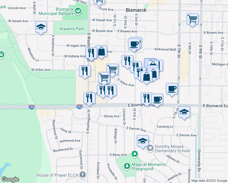 map of restaurants, bars, coffee shops, grocery stores, and more near 201 East Arbor Avenue in Bismarck