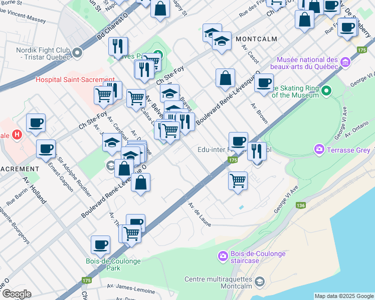 map of restaurants, bars, coffee shops, grocery stores, and more near 1040 Avenue Belvédère in Québec