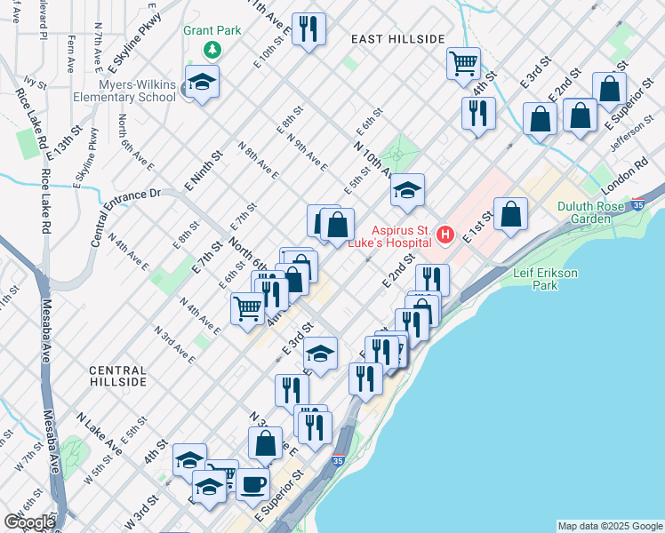 map of restaurants, bars, coffee shops, grocery stores, and more near 712 East 4th Street in Duluth