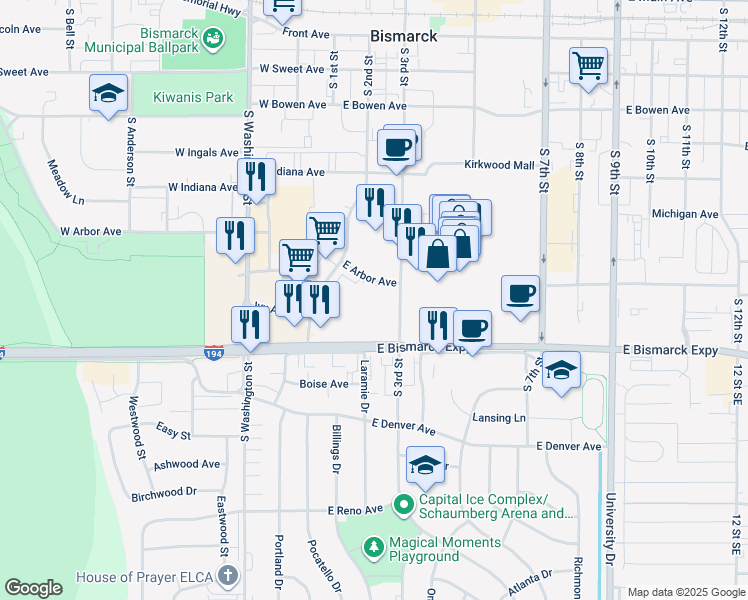map of restaurants, bars, coffee shops, grocery stores, and more near 215 East Arbor Avenue in Bismarck