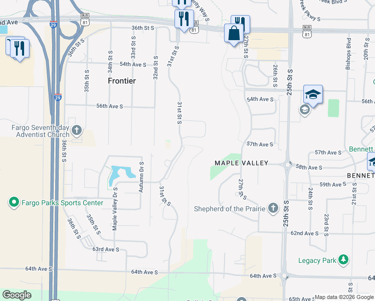 map of restaurants, bars, coffee shops, grocery stores, and more near 5764 31st Street South in Fargo