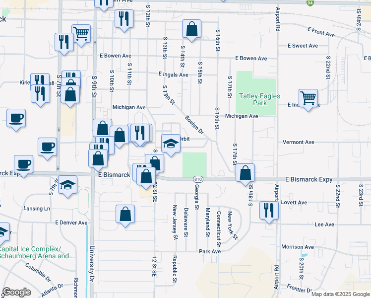 map of restaurants, bars, coffee shops, grocery stores, and more near Stardust Drive in Bismarck