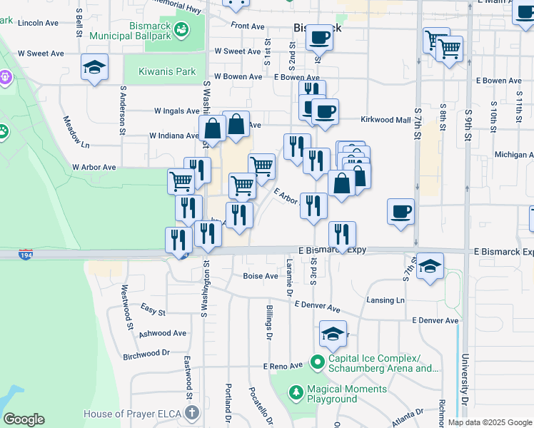 map of restaurants, bars, coffee shops, grocery stores, and more near 201 East Arbor Avenue in Bismarck