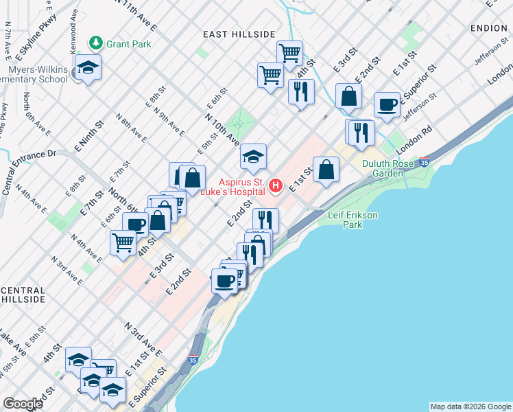 map of restaurants, bars, coffee shops, grocery stores, and more near 831 East 2nd Street in Duluth