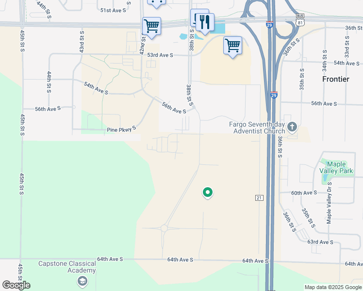 map of restaurants, bars, coffee shops, grocery stores, and more near 4010 58th Ave S in Fargo
