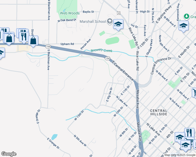 map of restaurants, bars, coffee shops, grocery stores, and more near 802 East Central Entrance in Duluth