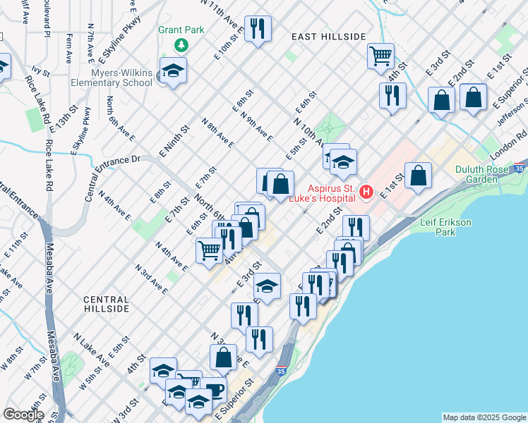 map of restaurants, bars, coffee shops, grocery stores, and more near 711 East 4th Street in Duluth