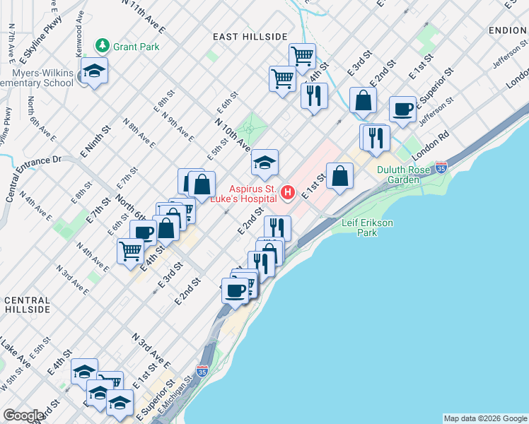 map of restaurants, bars, coffee shops, grocery stores, and more near 831 East 2nd Street in Duluth