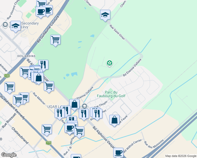map of restaurants, bars, coffee shops, grocery stores, and more near 1299 Rue Weyman in Lévis