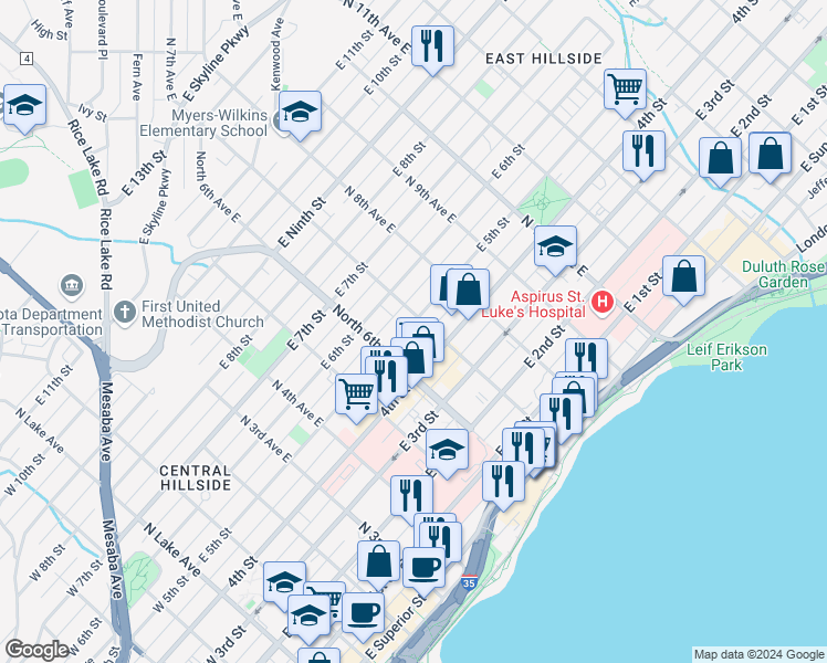map of restaurants, bars, coffee shops, grocery stores, and more near 626 East 5th Street in Duluth
