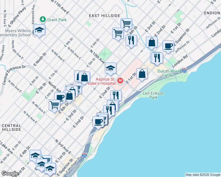 map of restaurants, bars, coffee shops, grocery stores, and more near 831 East 2nd Street in Duluth