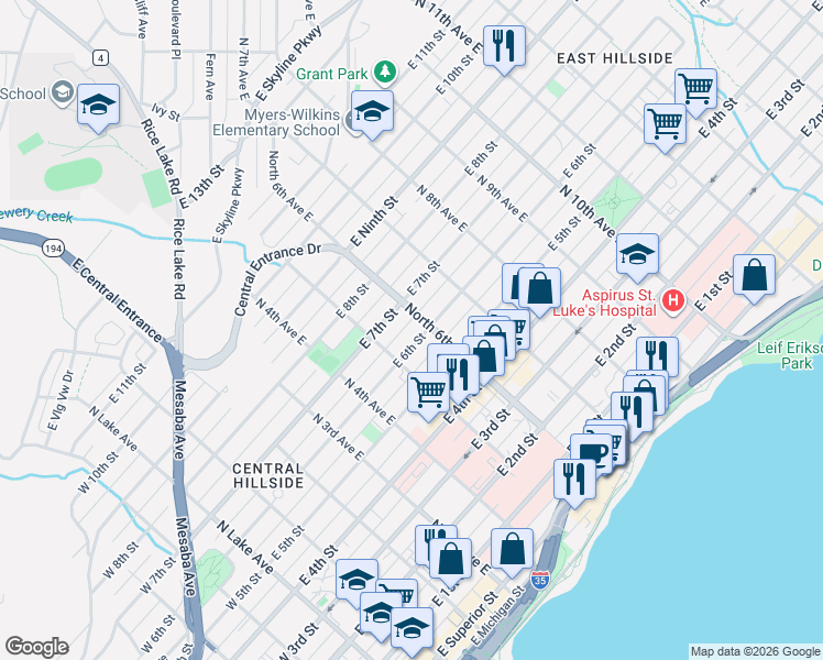 map of restaurants, bars, coffee shops, grocery stores, and more near 526 East 7th Street in Duluth