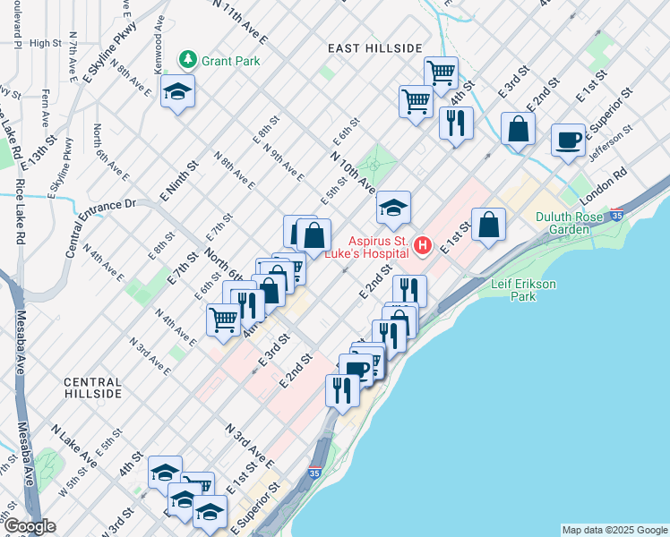 map of restaurants, bars, coffee shops, grocery stores, and more near 305 North 8th Avenue East in Duluth