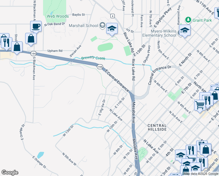 map of restaurants, bars, coffee shops, grocery stores, and more near 110 East Village View Drive in Duluth