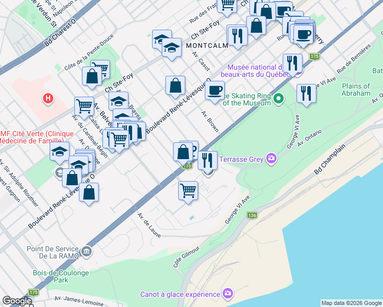 map of restaurants, bars, coffee shops, grocery stores, and more near 720 Grande Allée Ouest in Québec