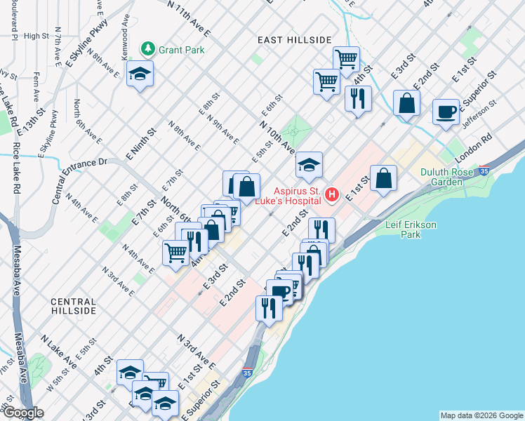 map of restaurants, bars, coffee shops, grocery stores, and more near 307 North 8th Avenue East in Duluth
