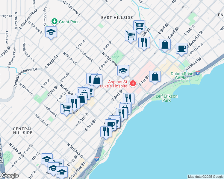 map of restaurants, bars, coffee shops, grocery stores, and more near 810 East 3rd Street in Duluth