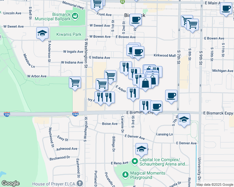 map of restaurants, bars, coffee shops, grocery stores, and more near 207 East Arbor Avenue in Bismarck