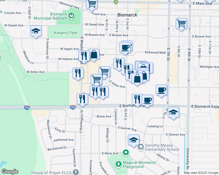 map of restaurants, bars, coffee shops, grocery stores, and more near 201 East Arbor Avenue in Bismarck