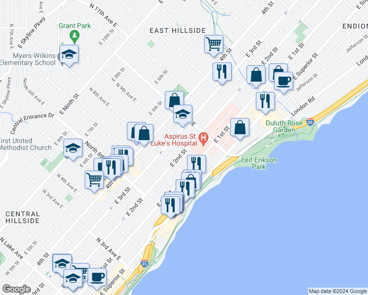 map of restaurants, bars, coffee shops, grocery stores, and more near 831 East 2nd Street in Duluth