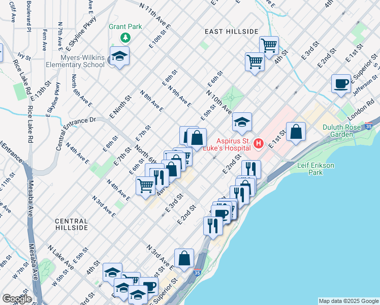 map of restaurants, bars, coffee shops, grocery stores, and more near 711 East 4th Street in Duluth