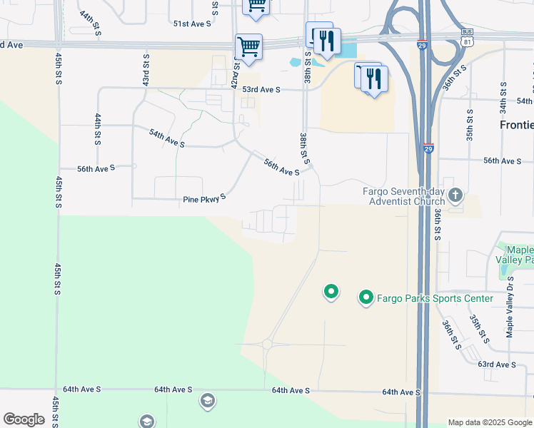 map of restaurants, bars, coffee shops, grocery stores, and more near 5817 41st Street South in Fargo