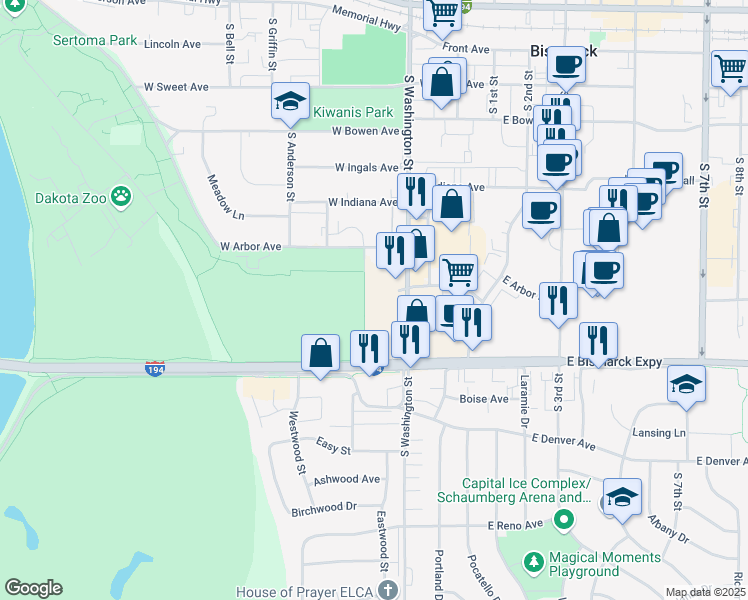 map of restaurants, bars, coffee shops, grocery stores, and more near 840 South Washington Street in Bismarck