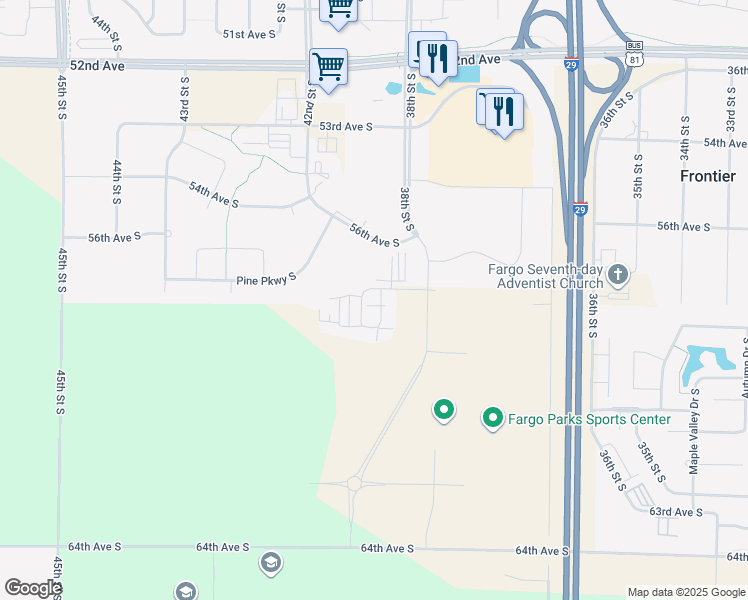 map of restaurants, bars, coffee shops, grocery stores, and more near 4010 58th Avenue South in Fargo